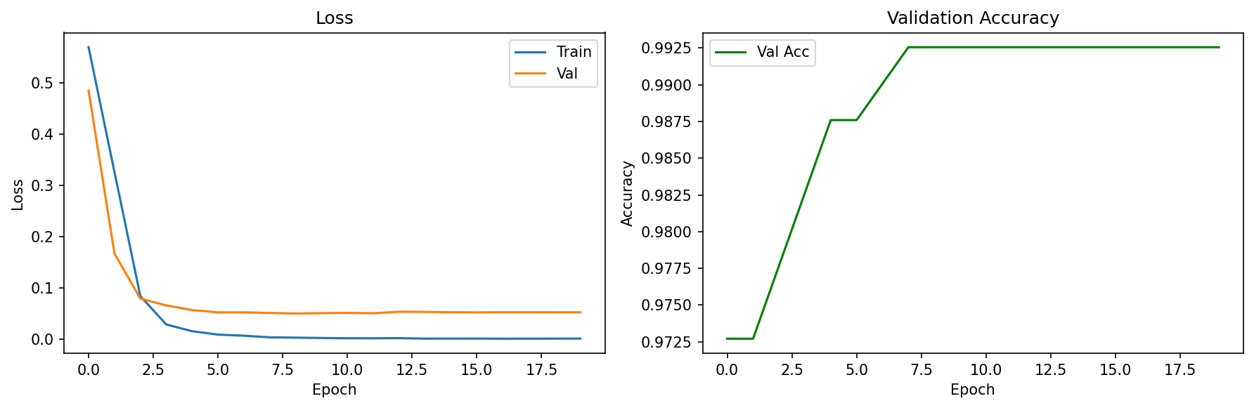 Training loss and validation accuracy curves over 20 epochs, converging early with 99.3% final accuracy